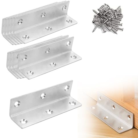 L-form vinkelkontakter, 10 stycken hörnvinkel i rostfritt stål, 100 x 25 x 25 mm, tung last, träkoppling, hörnhållare, 90 grader med 60 skruvar för förstärkning av bord, möbler, skåp