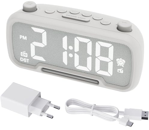 ROCAM Radio Reloj Despertador Digital con FM, Despertador para Dormitorios con luz Nocturna, Bluetooth 5.0, 5 Niveles de Brillo Ajustables, USB/Tipo C/DST/Snooze/batería de Respaldo