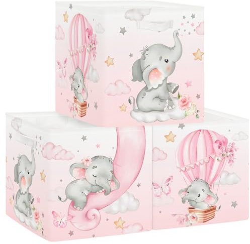 Clastyle Set di 3 Scatole Portaoggetti Animale Sogni Cubo di Stoccaggio per Armadio Vestiti Cesto Scaffali Bambini Scrigno dei Giocattoli e Libri per Scuola Materna,Elefante,30x30x30 cm