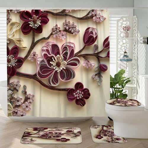 DESIHOM 4PCS Paper Quilling Art Plum Bossom Shower Curtain Sets with Non-Slip Rug, U Shape and Toilet Lid Cover Mat, 3D Flower Home Decor, Bathroom Accessory with 12 Hooks