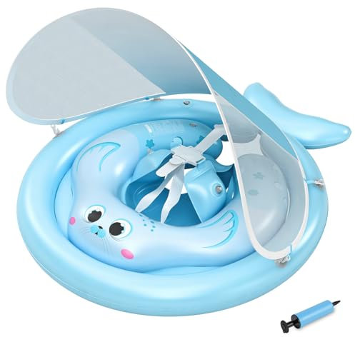 MYCARBON Flotador Bebe con Sombrilla UPF50+ Extraíble Flotador Bebe Inflable 6-36 Meses Asiento de Natación Inflable con Bola de Equilibrio para Evita Vuelcos