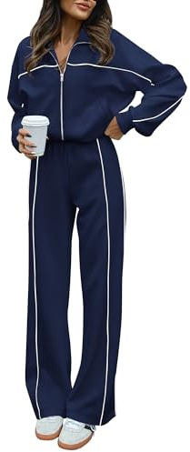 BTFBM Women's Two Piece Tracksuit Spring 2026 Long Sleeve Zip Up Sweatshirt Long Pants Outfits Jogger Sweatsuit Sets(Navy Blue,Medium)