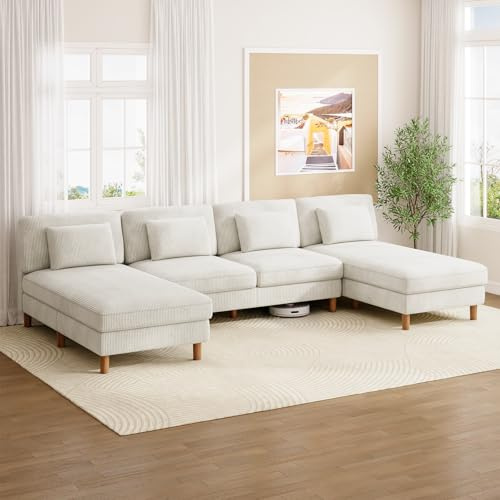 Vesgantti Corduroy 3 Seater Sofa with Double Chaise Lounge, 332cm U-Shaped Corner Couch with 4 Extra Pillows, Perfect for Living Room, Bedroom, Office, Tool-free Assembly