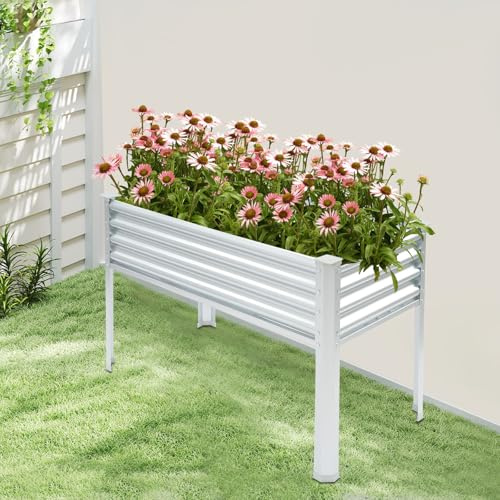 Jardinera elevada con patas de metal para verduras, hierbas y flores, bancal alto para balcón, terraza y jardín, 120 x 60 x 80 cm, color plateado