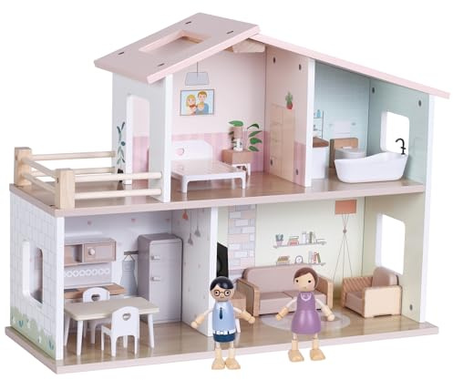 Introductory Offer - Jumini Wooden Dolls House – Modern Open Plan Dollhouse with 2 Dolls & 15 Furniture Accessories, Compact Sustainable Toy for Kids 3+