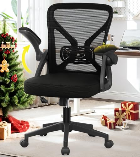 YONISEE Office Chair, Ergonomic Desk Chair with Adjustable Padded Lumbar Support, 90°Flip-up Armrests, Mid-back Mesh Chair with Comfy cushion for Home Office