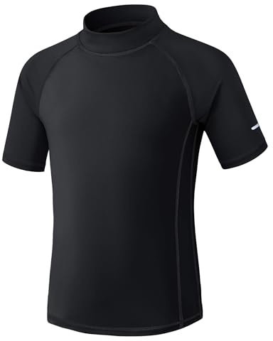 Kinder UV Shirt Kurzarm Jungen Badeshirt UPF 50+ Sonnenschutz Schwimmshirt Rashguard mit Reflektorstreifen Schnelltrocknend Chlorresistent Schwarz 11-12 Jahre