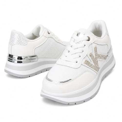 CLEIKS Sneakers Donna con Zeppa Design Elegante con Dettagli in Strass Argentati Scarpe Casual Traspiranti per Tutti i Giorni (Bianco, 36EU, WSC260162-2)