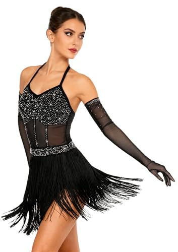 Rswnyirn Women Latin Tango Dance Costume with Gloves Tassel Rhinestone Ballet Dance Leotard Dress Black M