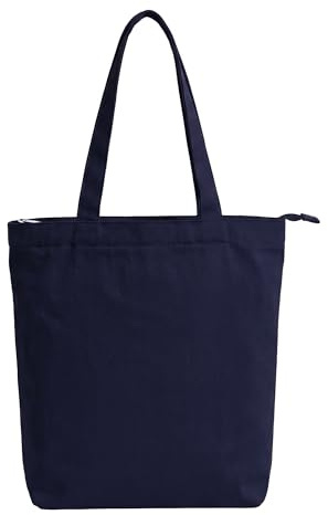 Gabardine Tote Bag with Zip, Large Shopping Bag, 100% Cotton, Reusable Shopper Bag with Inner Pocket for Women, darkblue, 40 cm (W) x 45 cm (H) x 12 cm (D)