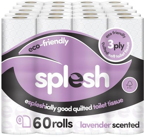 Splesh by Cusheen Toilet Roll 60 Rolls - Lavender Scent Bulk Family Pack | Soft 3 Ply Quilted Bathroom Tissue Loo Rolls | Eco-Friendly, Sustainable Toilet Paper