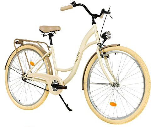 MILORD. 28 Zoll 1-Gang Creme Braun Komfort Fahrrad mit Gepäckträger Hollandrad Damenfahrrad Citybike Cityrad Retro Vintage