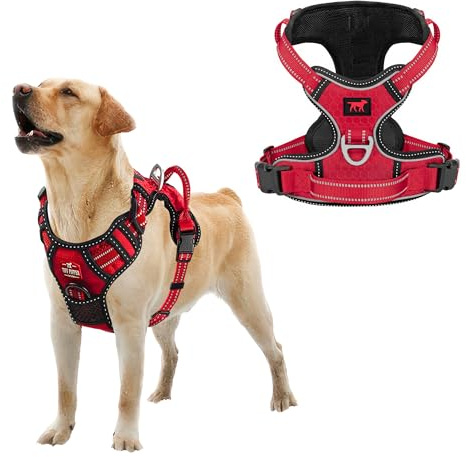 Tuff Pupper No Pull Easy Walk Dog Harness | Heavy Duty Pet Vest | Front & Back Leash Clips | Strong Safety Handle | Reflective Anti Pull Vest | Comfortable Padded Escape Proof Harness (Large, Red)