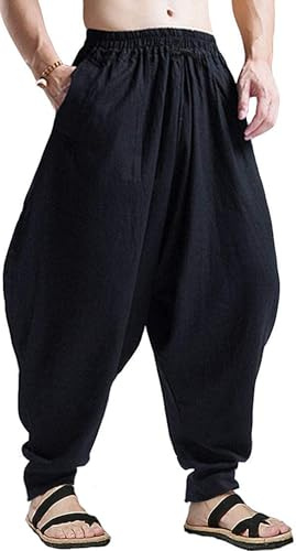 perdontoo Mens Harem Pants Loose Fit Elastic Waist Drawstring Aladdin Hippie Trousers (32, Black)