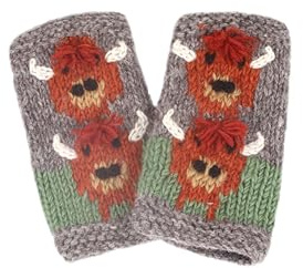 Pachamama Women Wool Hand Wrist Warmers Jersey Cotton Lined Handknitted Highland Cow Multicoloured One-Size Handmade Fair Trade