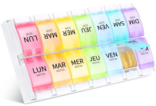Opret Pilulier Semainier Français 7 Jours Matin et Soir, 14 Compartiments une Boîte à Médicaments Grande Capacité Pilules Facile à Ouvrir - Colorée