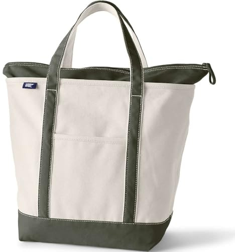 Lands' End - Natural Zip Top Canvas Tote Bag - 100% Cotton Dark Olive Green Canvas Bag - L - Water Repellent Base and Trim - Internal and External Pockets & 500lb Capacity - Gym and Travel Essentials
