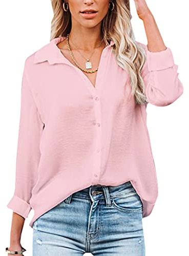 NONSAR Damblus, v-ringad, skjortor, elegant, långärmad, ledig, arbete, toppar med knappar, toppar, långärmad/korta ärmar, skjorta, ROSA, XL