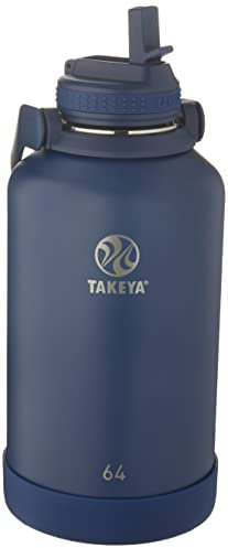 Takeya Actives Water Bottle with Straw Lid - Durable & Easy-Care Water Bottle with Stainless Steel Insulation - BPA-Free Lid with Carry Handle & Straw - Dishwasher-Safe - 64 oz, Midnight Blue