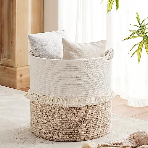 YOUDENOVA Wäschekorb aus Baumwolle Seil, Aufbewahrungskorb, Boho Deko Korb Geflochten, Wäschesammler mit Griffe, Spielzeug Aufbewahrung für Kinderzimmer 40x43cm Braun