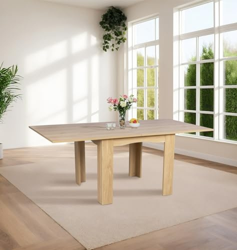Hallowood Furniture Newquay Oak Effect Extending Flip Top Table, Wooden Fold Away Folding Dining Table with Extendable Leaves, Perfect for Home, Kitchen and Restaurant
