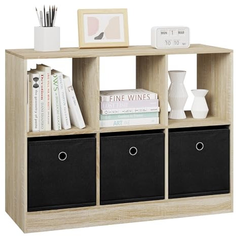 WOLTU Estanteria de Libros con 6 Cubos, Estanteria de Pie con 3 Cajones de Tela, para Dormitorio, Salón, Estudio, Oficina, Madera, Roble Claro, 80x30x60 cm, SK033hei