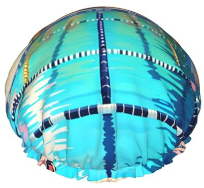 Flamingo And Swimming Pool Reusable Double Layer Waterproof Shower Cap With Elastic Cord For Home Cleaning Facial Care Shower