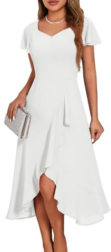 Women's 2026 White Graduation Formal Wedding Dress Casual V Neck Ruffle Hem Midi Tea Evening Prom Party Cocktail Dresses Beach Church White L