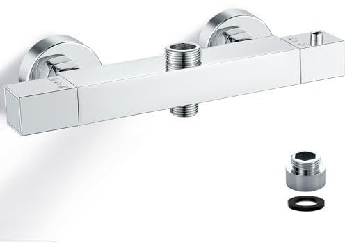 Bevankly Robinet de douche avec thermostat, robinet de douche en laiton avec 2 sorties chromées, haut 3/4 BSP (26,4 mm) + bas 1/2 BSP (21 mm)