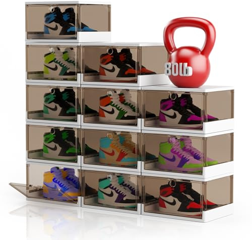 XUPAINC 12-pack stora stapelbara skoförvaringslådor – snabbmontering organiseringsskåp för garderob, magnetisk dörrskohylla robust och stabil, använd vertikalt utrymme, passar USA storlek 13 sneaker –