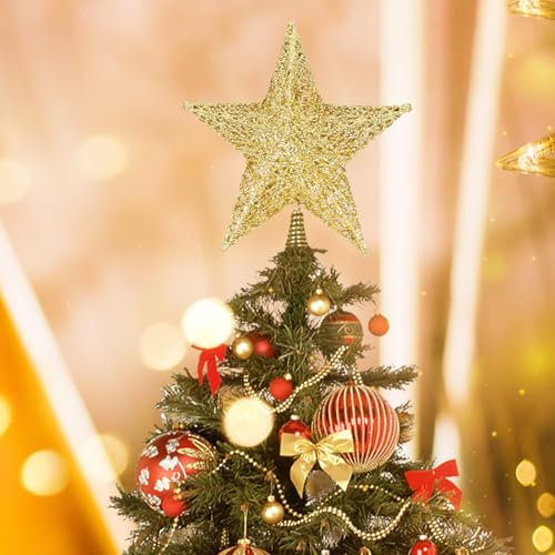 Filltown Christmas Tree Topper Star, 8 Inch Metal Gold Glittered Star Tree Topper, 3D Xmas Tree Star Topper for Xmas Holiday Decorations