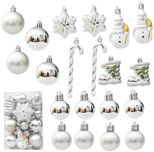 HERZONE 20 x julberlocker, julgransdekorationer, julgranskulor, sockerstav, stjärnor, snögubbe och julgranskängor (B-silver)