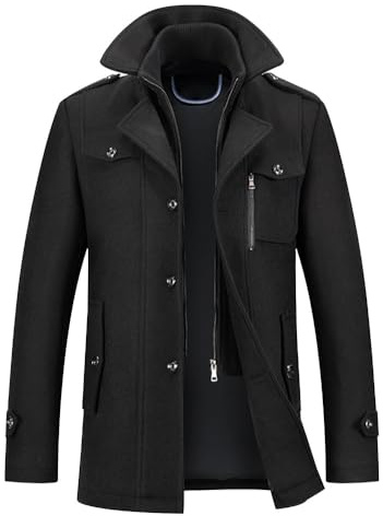YAOTT Uomo Cappotto invernale Doppio strato Colletto alla Coreana Trench Giacca Caban in misto lana Colore unito medio-lungo Giacche invernali con sottovestito Nero