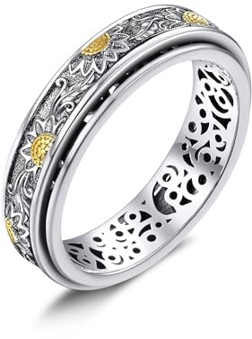 HUKKUN Anillos giratorios de ansiedad de girasol, anillos giratorios de plata de ley con flores para aliviar el estrés, regalo para mujeres 18