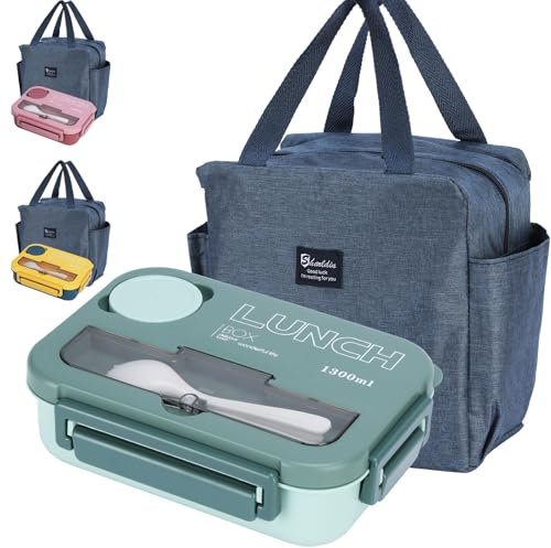 SUPPRUI Bento Lunch Box,1300ml Lunch Box Adults Kids,Bento Boxes with Bag,4 Compartments Leak Proof Lunchbox,Container Meal Prep Containe with Cutlery(Green)