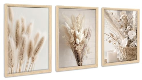 3Pcs Cadre en bois Impression sur Toile Beige Boho Herbe de Pampa Tableau Peinture Affiche Fleur nordique Sauge Herbe Séchée Tableau Decoration Murale Salon Chambre 30x40cm x3 (Pas de plexiglas)