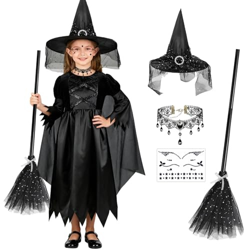 BITOYO Costume de Sorcière Noir pour Filles Déguisement d'Halloween Sorcière Filles avec Chapeau et Balai (120)