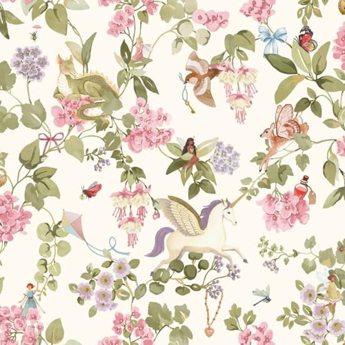 SOPHIE LAURENCE Kids Fairies Cream Wallpaper Multi Unicorns Dragons Floral Birds Girls Bedroom