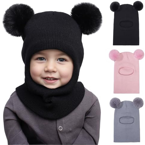 DHHYWWD Winter Warm Kids Balaclava Hat, Thermal Windproof Knitted Toddler Winter Balaclava Beanie Cap, Baby Winters Hat Scarf for 1-6 Years Boys Girls Outdoor Activities (UK, Alpha, One Size, Black)