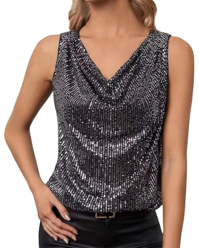 Generisch 2026 Top de lentejuelas sin mangas con cuello en V moderno para mujer, corte holgado, blusa brillante para fiestas y salir, Negro , L