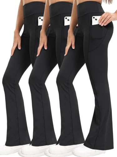 Shgiloo 3 Pack Flared Leggings Women - High Waisted Yoga Pants for Women, Workout Trousers Leggings with Pockets