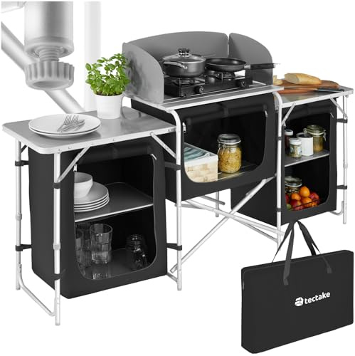 tectake® Meuble de Rangement Cuisine de Camping Pliable XXL en Aluminium, avec 5 Étagères, Plan de Travail, Pieds réglables, Sac de Transport Inclus, Stockage pour Vaisselle, Accessoires Cuisine