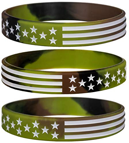 Sainstone Military Silicone Bracelets with American Flag, Rubber Camouflage Army Wristbands in Army Green & Forest Camo for Men Women for American Patriots, Army and Sport Fans (Standard 8)