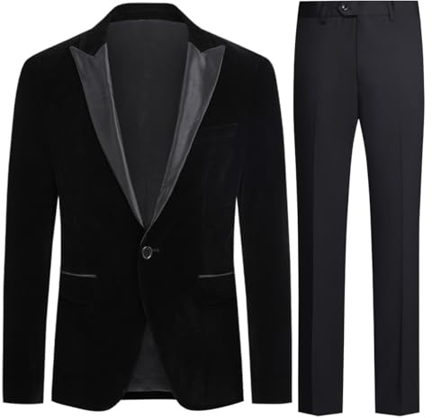 Allthemen Mens Suits 2 Piece Suit Slim Fit Wedding Velvet Casual Blazer 1 Button Tuxedo Jackets Trousers Black M