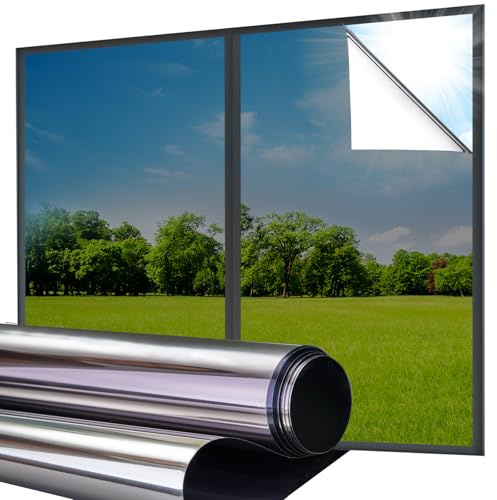 Lifetree Reflective One Way Window Film Privacy, Black-silver, 115x200cm | Mirror Heat Reflector Control Sun Blocker Tint Film, UV Anti Glare, No Glue Daytime Privacy Home Office