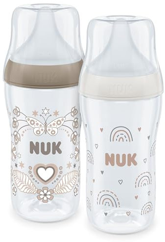 NUK Perfect Match Babyflaschenset | Ab 3 Monate | Passt sich dem Baby an | Temperature Control | Anti-Colic | 260 ml | BPA-frei | Silikontrinksauger, Medium | Regenbogen und Herz | 2 Stück