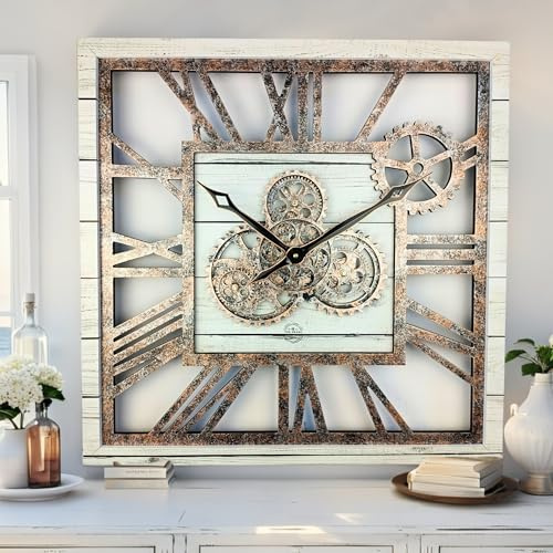 The Gears Clock - Reloj de pared cuadrado de 61 cm (24 pulgadas), con engranajes reales en movimiento, vintage, industrial, extragrande, rústico, estilo granja (granja blanca)