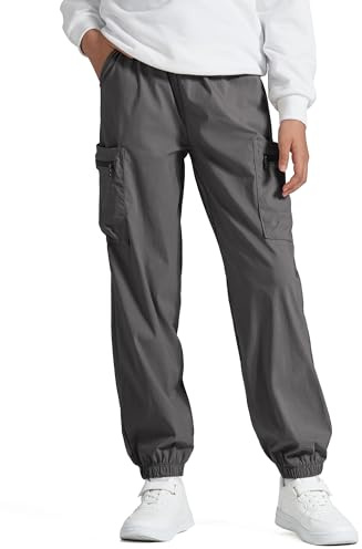 NUMYEAN Boys Girls Cargo Pants Kids Water Resistant Hiking Pants Quick Dry, Gray, 9-10Y