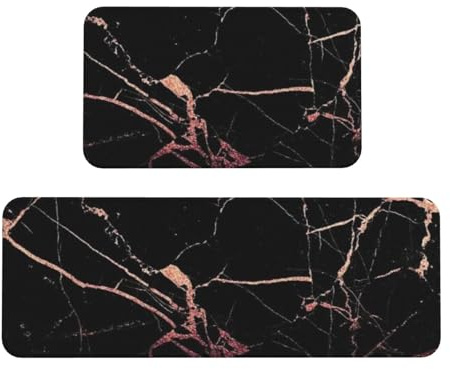 WKSGDSG Kitchen Rugs Set Of 2, Black Rose Gold Marble Area Rugs, Machine Washable Kitchen Floor Mats Anti Fatigue Non-Slip Rug Soft Comfort Floor Mat For Bathroom Home Office Sink Laundry Decor