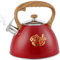 Stovetop Kettle Wood Grain Handle, 2.5 L Stainless Steel Whistling Kettle with Cute Patterns Like Cranes, Fish, Flowers, Teapot for Gas Stove or Induction Hob(Red)